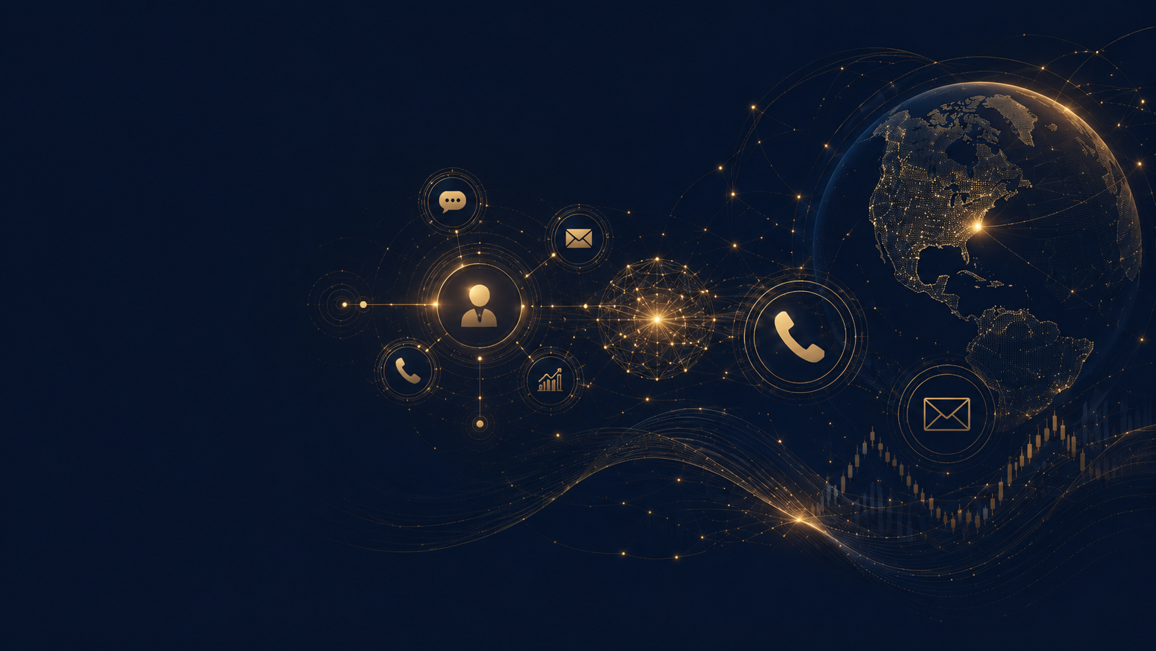 Global financial communications network with phone and email icons